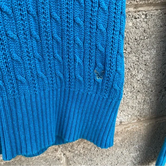 Y2K American Eagle Sweater Womens Medium Slim Blue Cable Knit Schoolgirl Preppy - Picture 2 of 5